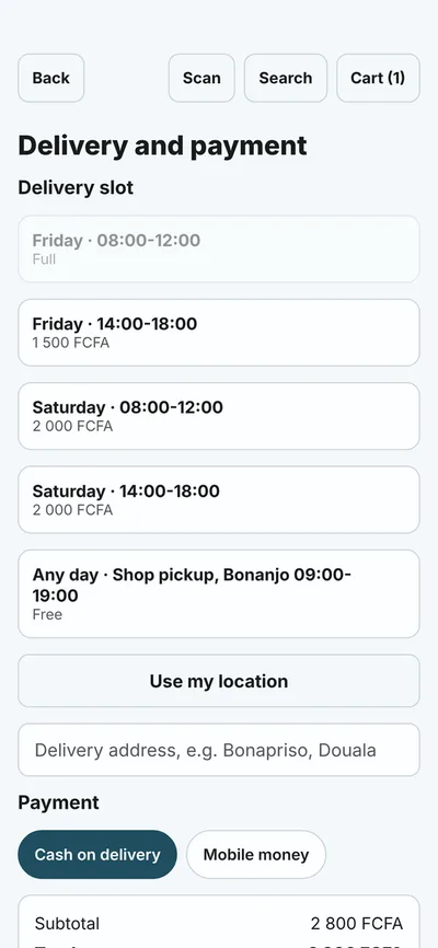 The delivery and payment screen of the sample shop, with a mobile money option.