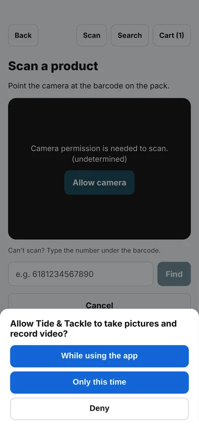 A camera permission prompt over a scan screen that says camera permission is needed, with a manual entry field below.